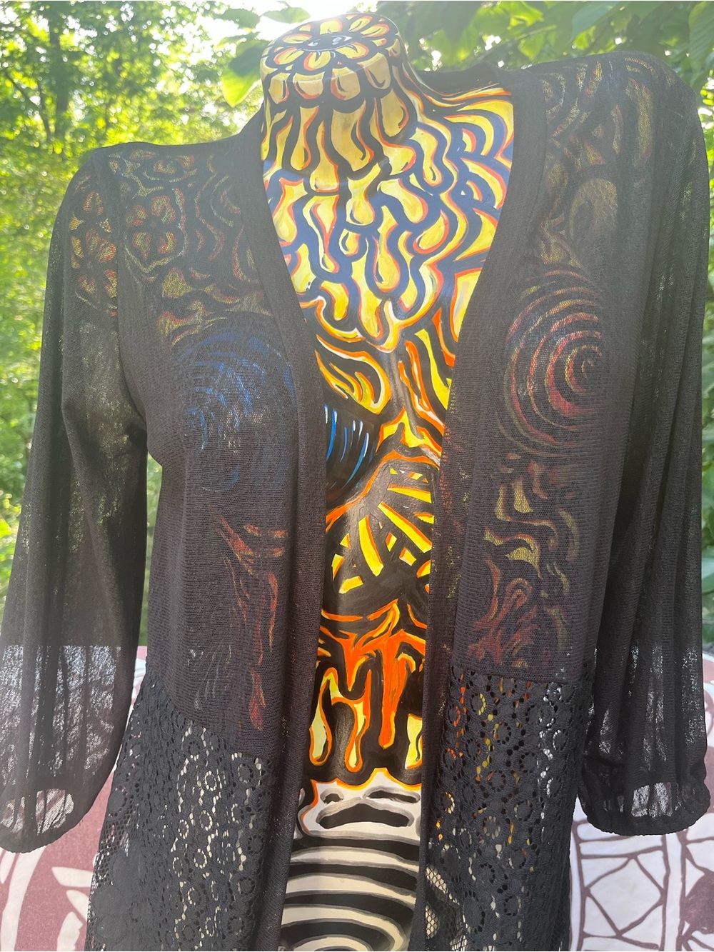 Black Lace-Trim Sheer Cardigan - Women's